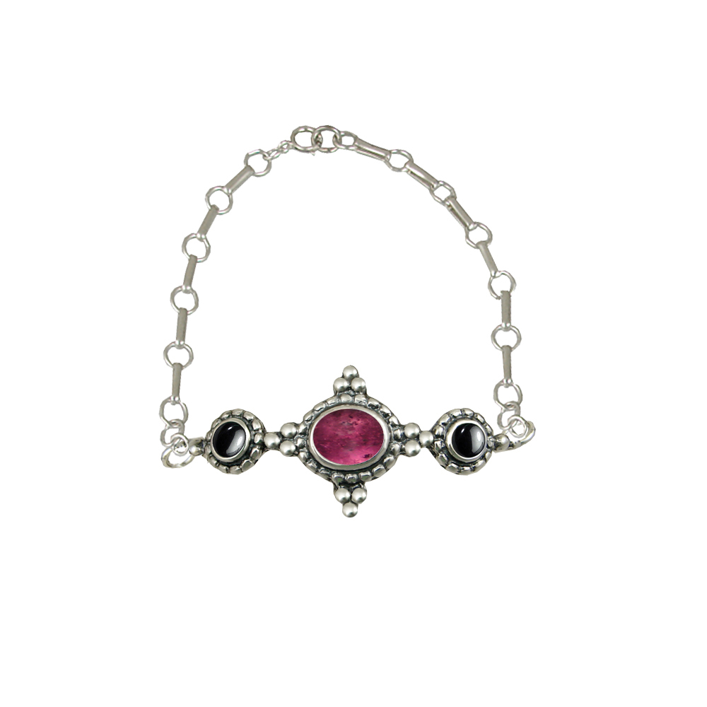 Sterling Silver Gemstone Adjustable Chain Bracelet With Pink Tourmaline And Hematite